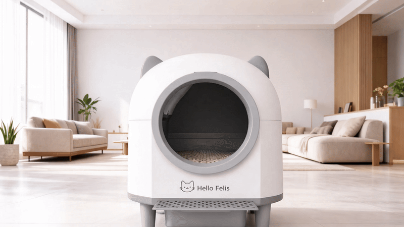 Cat using Hello Felis XL litter box with 'No More Odors' text overlay
