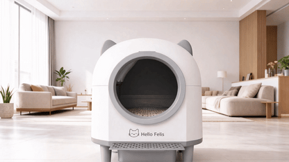 Cat using Hello Felis XL litter box with 'No More Odors' text overlay
